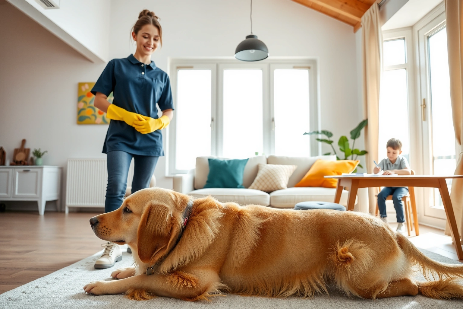 Profissional da DUNA Home and Care arrumando uma sala clara, com o cachorro da família